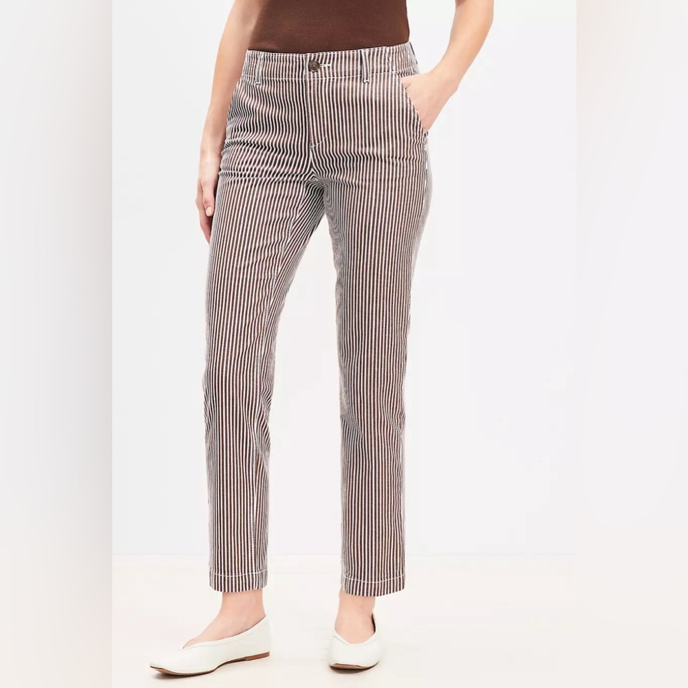 LOFT Brown and White Striped Straight Leg Pants NWT